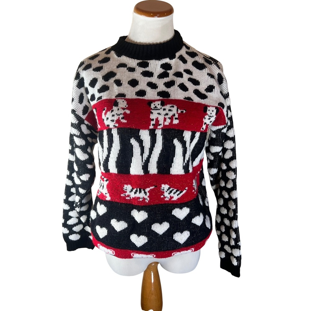 Vintage 80s Dalmatians Hearts Zebra Print Mock Neck Grandma Sweater Small Medium
